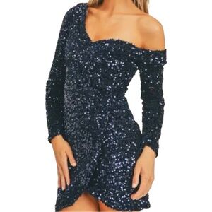 Lush One Shoulder Bodycon Dress Sequin Faux Wrap Midnight Small